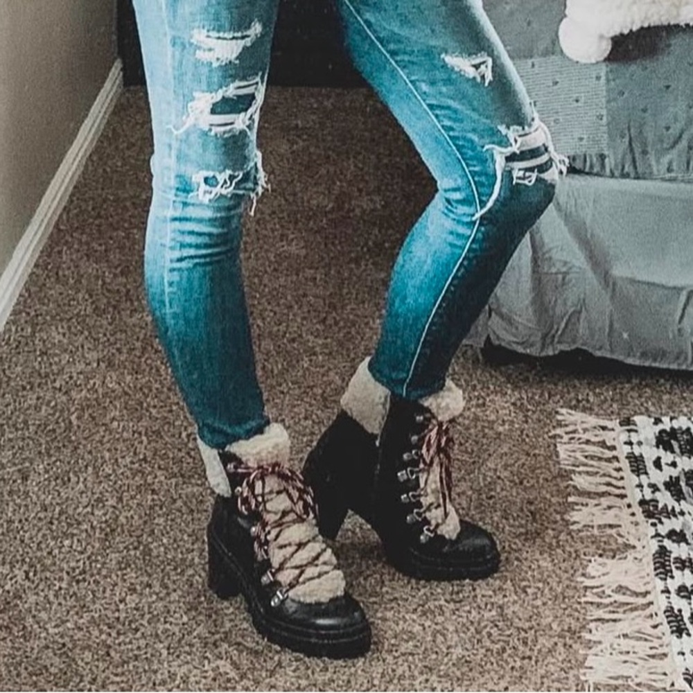 Women's Black and White Shearling Lace-Up Boots